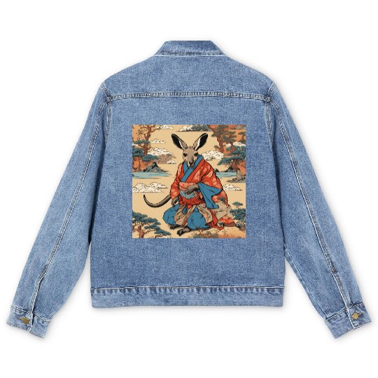 Retro Ukiyo-e Style Kangaroo Caricature Men's Denim Jackets