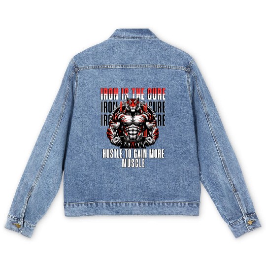iron is the cure with bodybuliding tiger Men's Denim Jackets