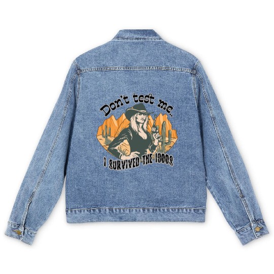 Funny vintage Wild west cowgirl, 1900s, age joke Men's Denim Jackets