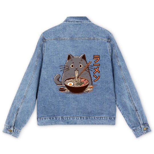 Japanese Cat Eating Ramen Men's Denim Jackets