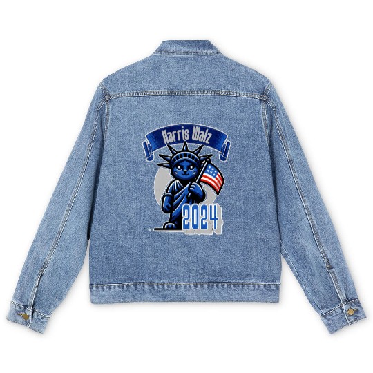 Cat Lady Harris Walz Statue of Liberty 2024 Men's Denim Jackets