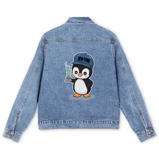 New York Penguin Holding Statue Of Liberty Men's Denim Jackets