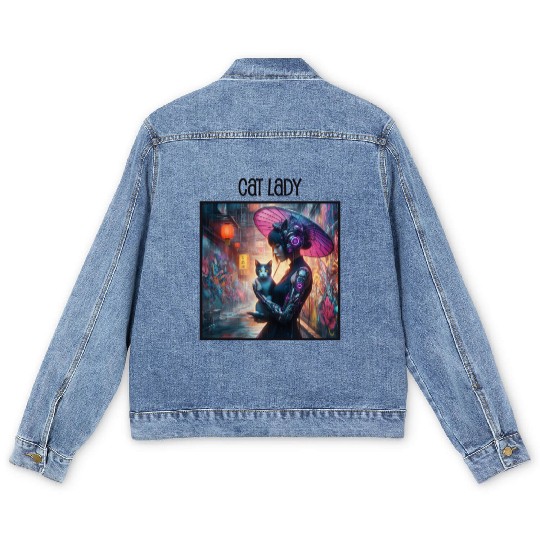 Cat Lady (Cyberpunk) Street Art v2 Men's Denim Jackets