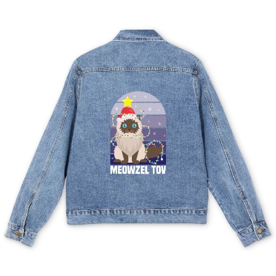 Meowzel Tov Hanukkah Black Cat Christmas Lights Men's Denim Jackets