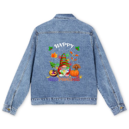 Happy HalloThanksMas Gnome Men's Denim Jackets