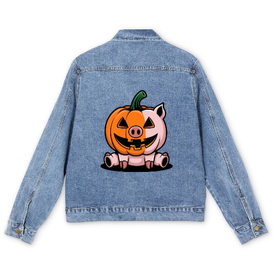 Halloween pig pumpkin comic funny whimsical Men's Denim Jackets