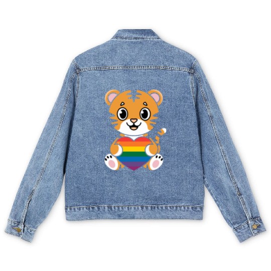 LGTBQ Tiger Holding Rainbow Heart Men's Denim Jackets