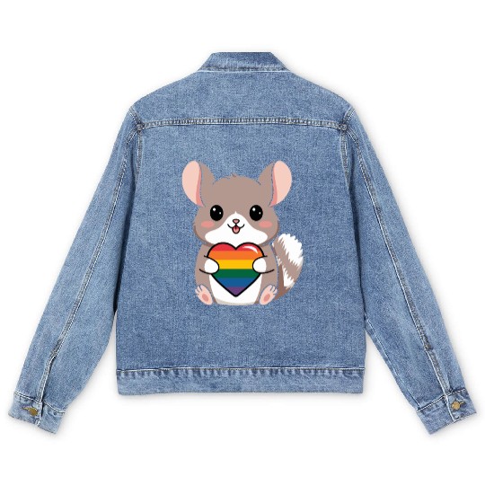 LGTBQ Chinchilla Holding Rainbow Heart Cute Pride Men's Denim Jackets