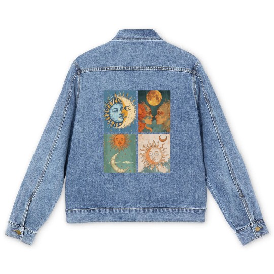 Moon and Sun Tarot Card Designed Look Men's Denim Jackets