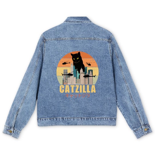 Retro Vintage Catzilla Japanese Cute Cat Lover Men's Denim Jackets
