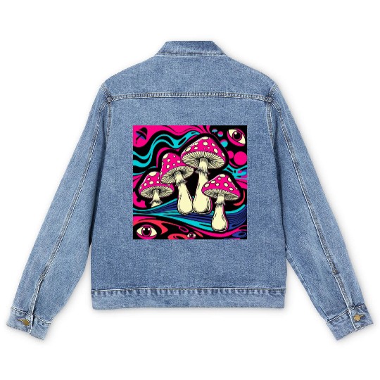 Psychedelic Shrooms: Neon Fungi Fantasy Men's Denim Jackets