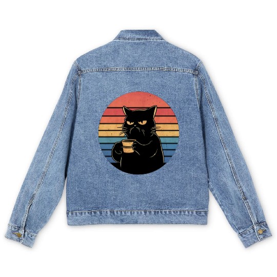 Grumpy Cat with Coffee Retro Style Men's Denim Jackets