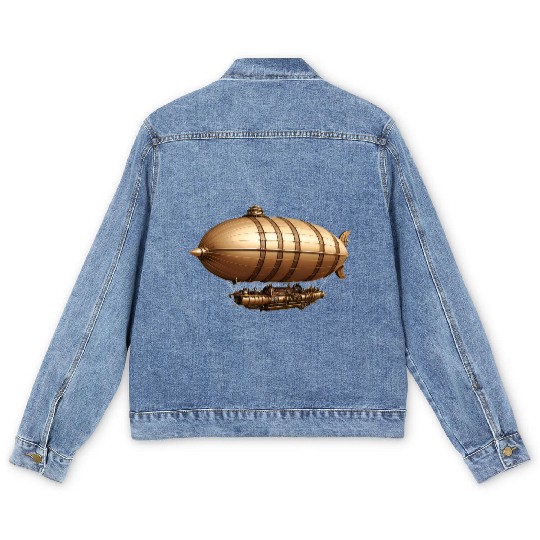 A large steampunk-style airship with bronze metal Men's Denim Jackets