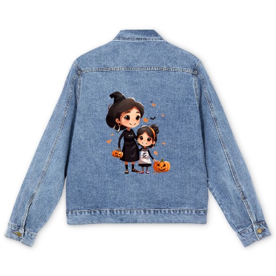 Mother and Daughter Halloween Trick-or-Treat Fun Men's Denim Jackets