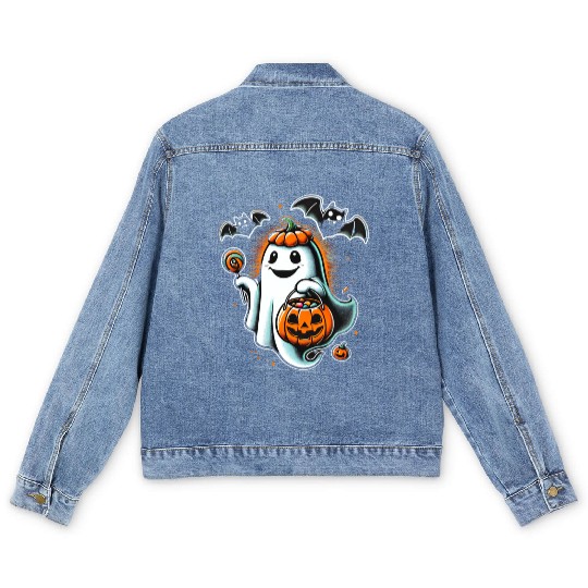 Happy Ghost Trick-or-Treating with Bats and Pumpki Men's Denim Jackets