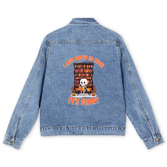 Halloween skeleton book lover reading adults Men's Denim Jackets