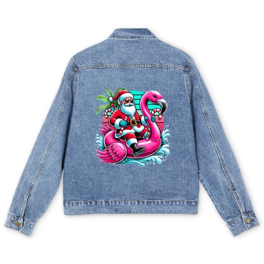 Santa Riding Flamingo in Tropical Christmas Fun Men's Denim Jackets