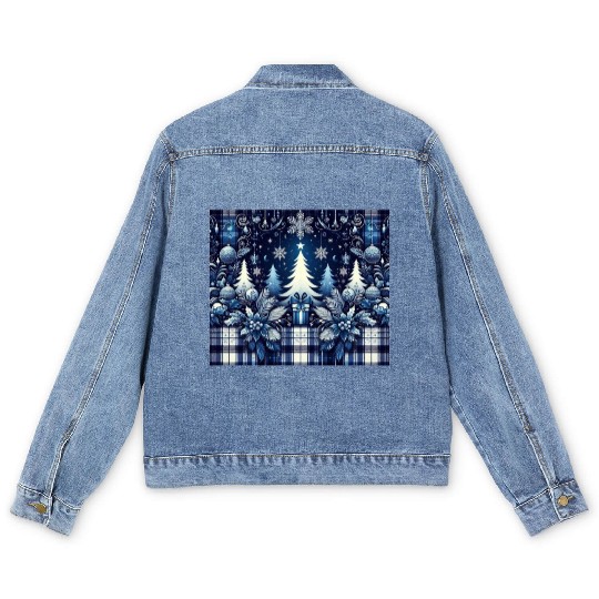 blue and white flannel christmas trees holiday Men's Denim Jackets
