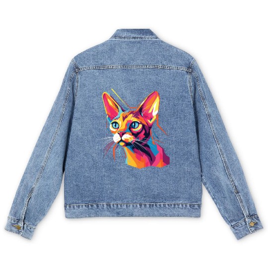 Cat Watercolor Colorful Abyssinian Cat Men's Denim Jackets