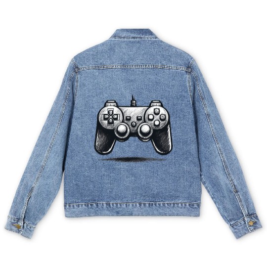 Gamer Controller Cartoon Charcoal Gaming Art Men's Denim Jackets