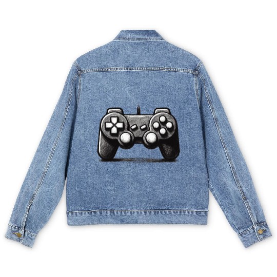 Gamer Controller Cartoon Charcoal Gaming Art 1 Men's Denim Jackets