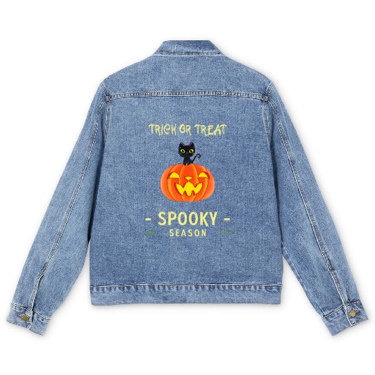 Spooky Season Trick or Treat Cat on Pumpkin Men's Denim Jackets