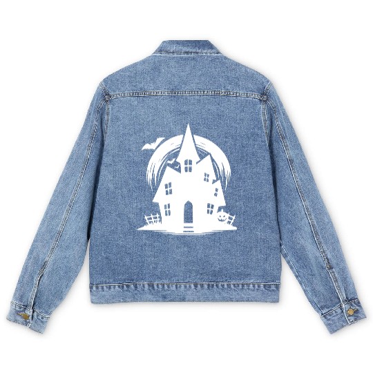 Bat Full Moon Haunted House Halloween Tattoo Men's Denim Jackets