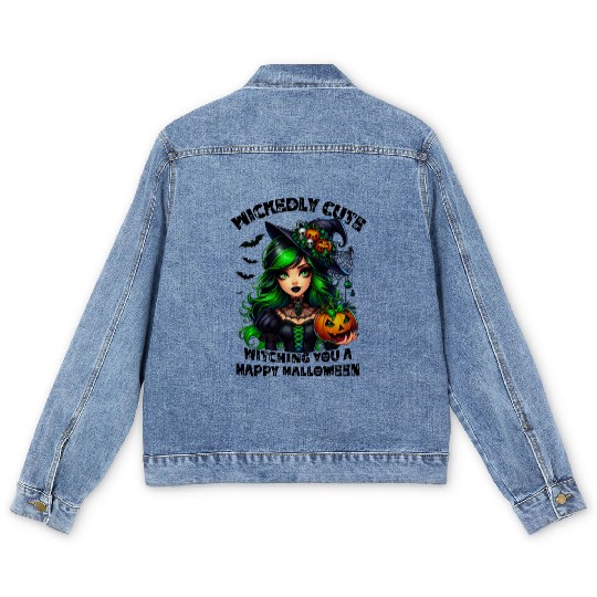 Halloween Wicked Cute Green Witch Men's Denim Jackets