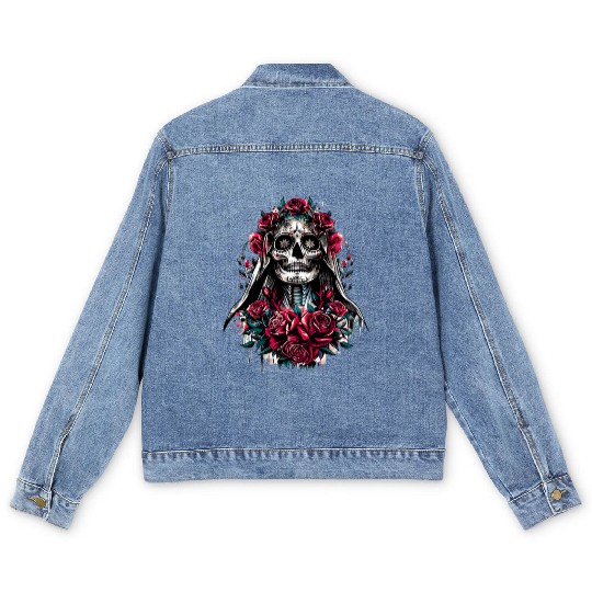 la Santa Muerte Saint Death Mexican Folklore skull Men's Denim Jackets
