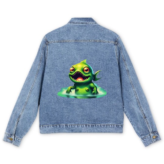 Green Monster Fish Emerge from the Deep Lake Scary Men's Denim Jackets