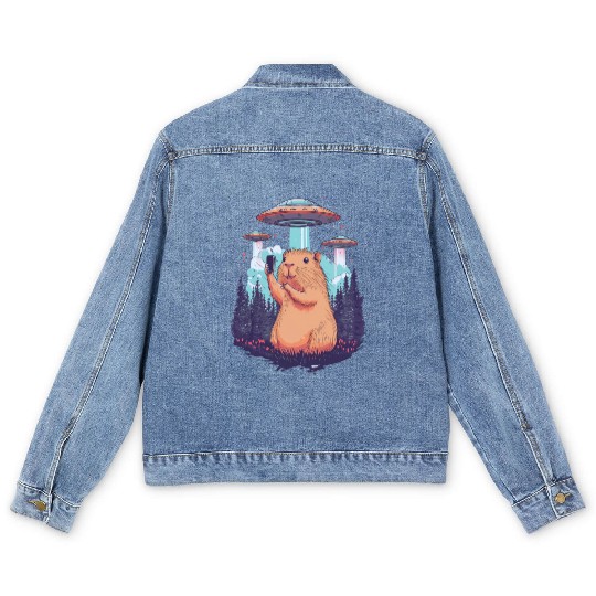 Funny Graphic Men's Denim Jackets Capybara Selfie With Ufos Weird