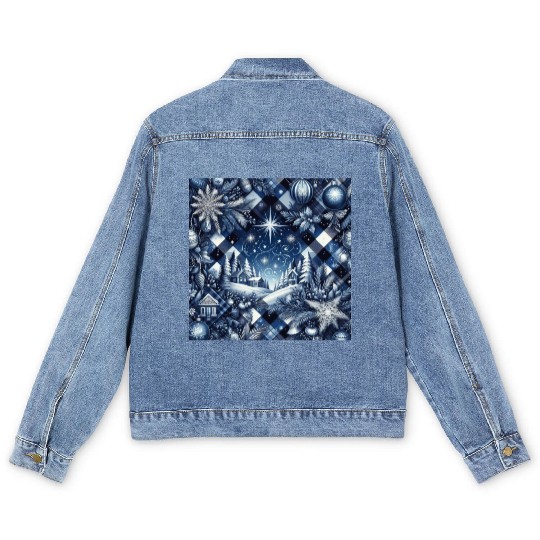 flannel blue and white christmas Men's Denim Jackets
