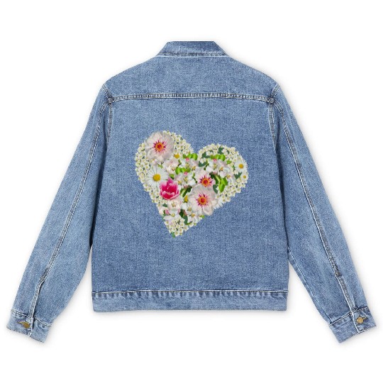 heart of flowers blossoms daisy tulip pink peony Men's Denim Jackets