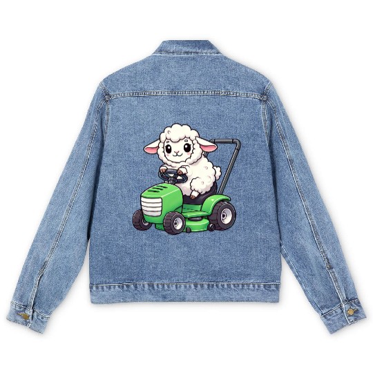 Funny sheep lawn mower farmer lamb grass Men's Denim Jackets