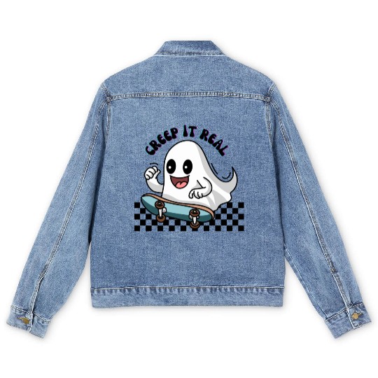 Creep it Real cute ghost skater. Men's Denim Jackets