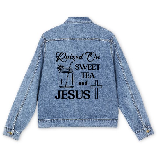 Raised On Sweet Tea And Jesus LIKE US ON FACEBOOK Men's Denim Jackets