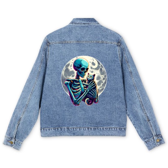 Skeleton Cute Cat Skull Kitty Halloween Men's Denim Jackets