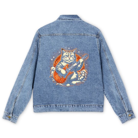 Cat Playing Guitar Rock Star Rock and Roll Men's Denim Jackets