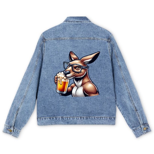 Kangaroo with Glasses Drinking Beer Men's Denim Jackets