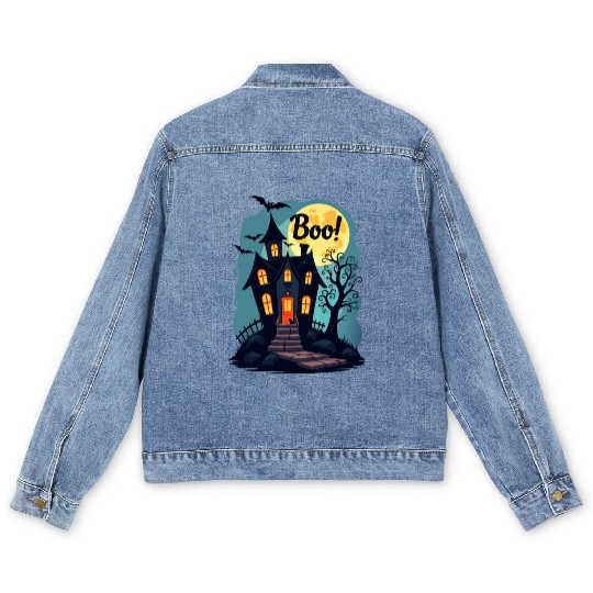 spooky haunted house with a black cat sitting Men's Denim Jackets