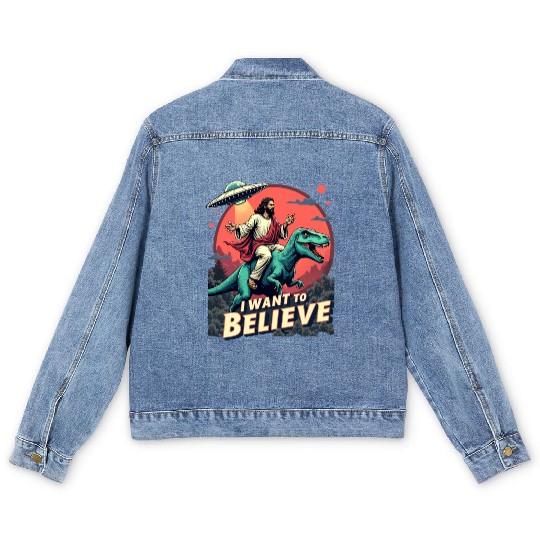 Jesus Riding a Dinosaur with UFO - I Want to Belie Men's Denim Jackets