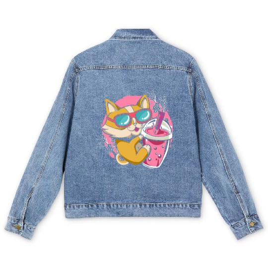Kitten Kawaii Boba Milk Tea Drinking Cat Men's Denim Jackets