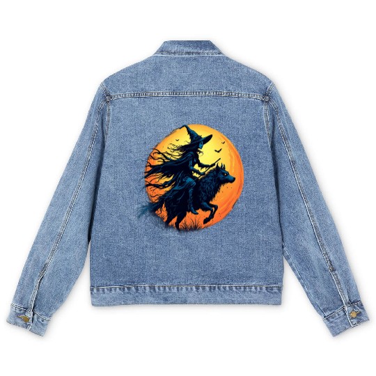 Halloween Witch Riding a Wolf Under Full Moon Men's Denim Jackets