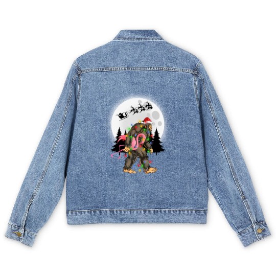 Bigfoot Carrying Flamingo Funny Sasquatch Men's Denim Jackets