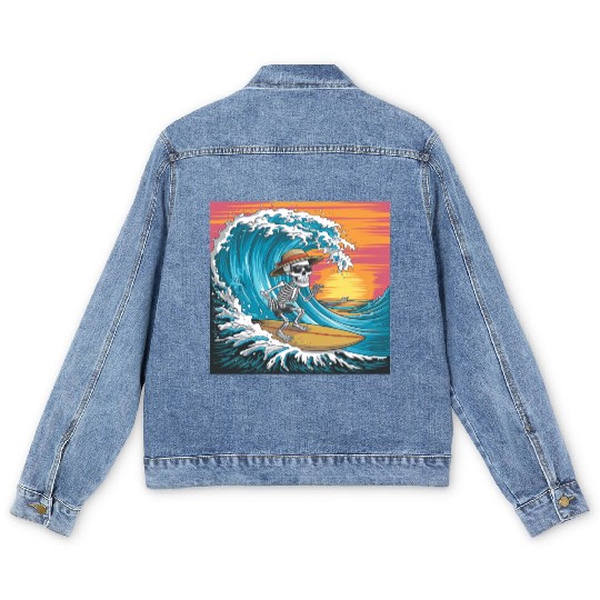 Surfing Skeleton Vibes Surfing Lifestyle Retro Men's Denim Jackets