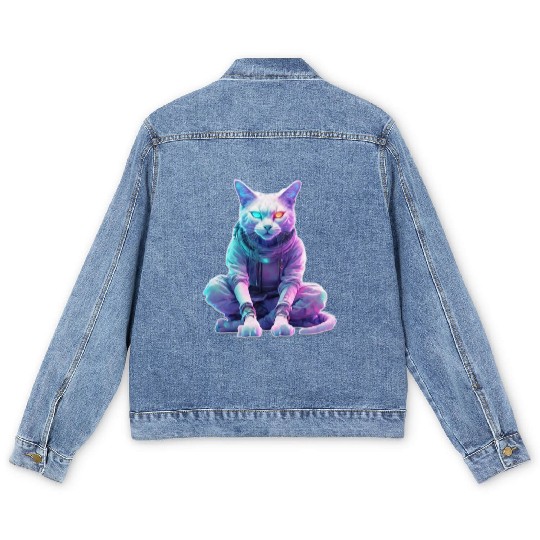 Futuristic Cyberpunk Cat Men's Denim Jackets