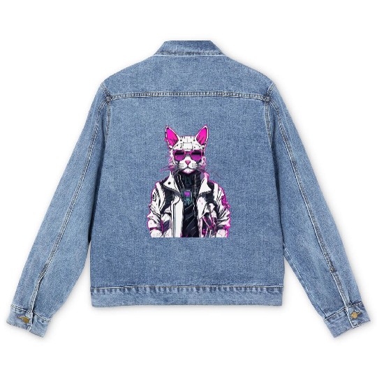 Cyberpunk Cat: Neon Outlaw Men's Denim Jackets