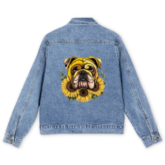 Sunflower Cute Bulldog Dog Flower Gardening Floral Men's Denim Jackets