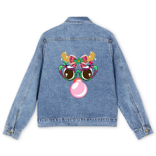 Reindeer face Blowing Bubble coquette bow Xmas Men's Denim Jackets