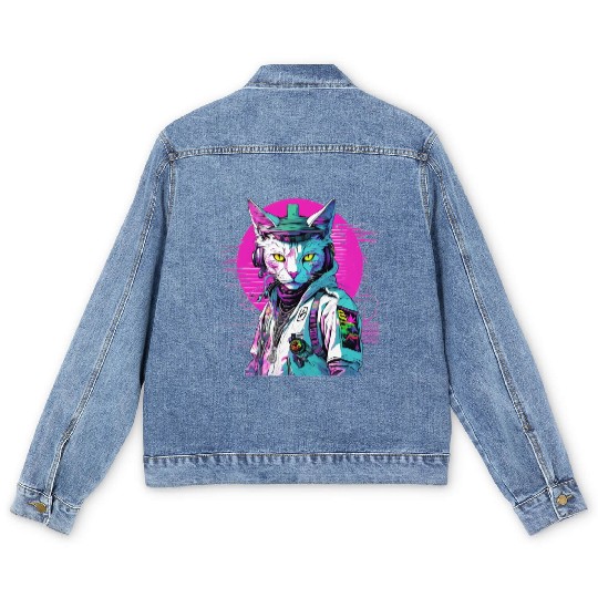 Neon Cyberpunk Warrior Cat Men's Denim Jackets